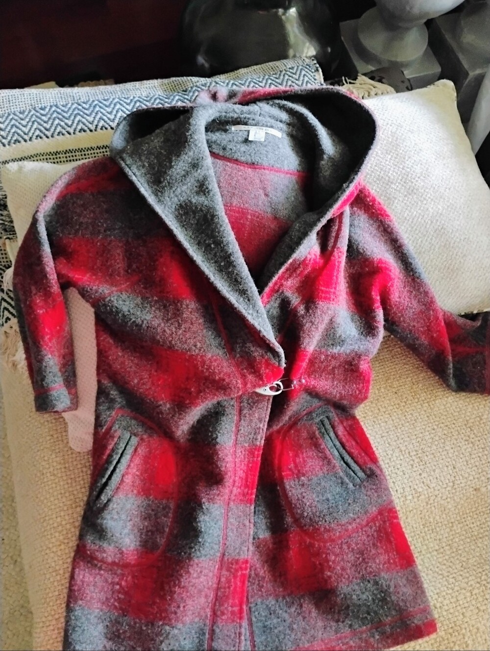 Max Studio Gray Hooded Wool-Blend Coat with Red Accent
